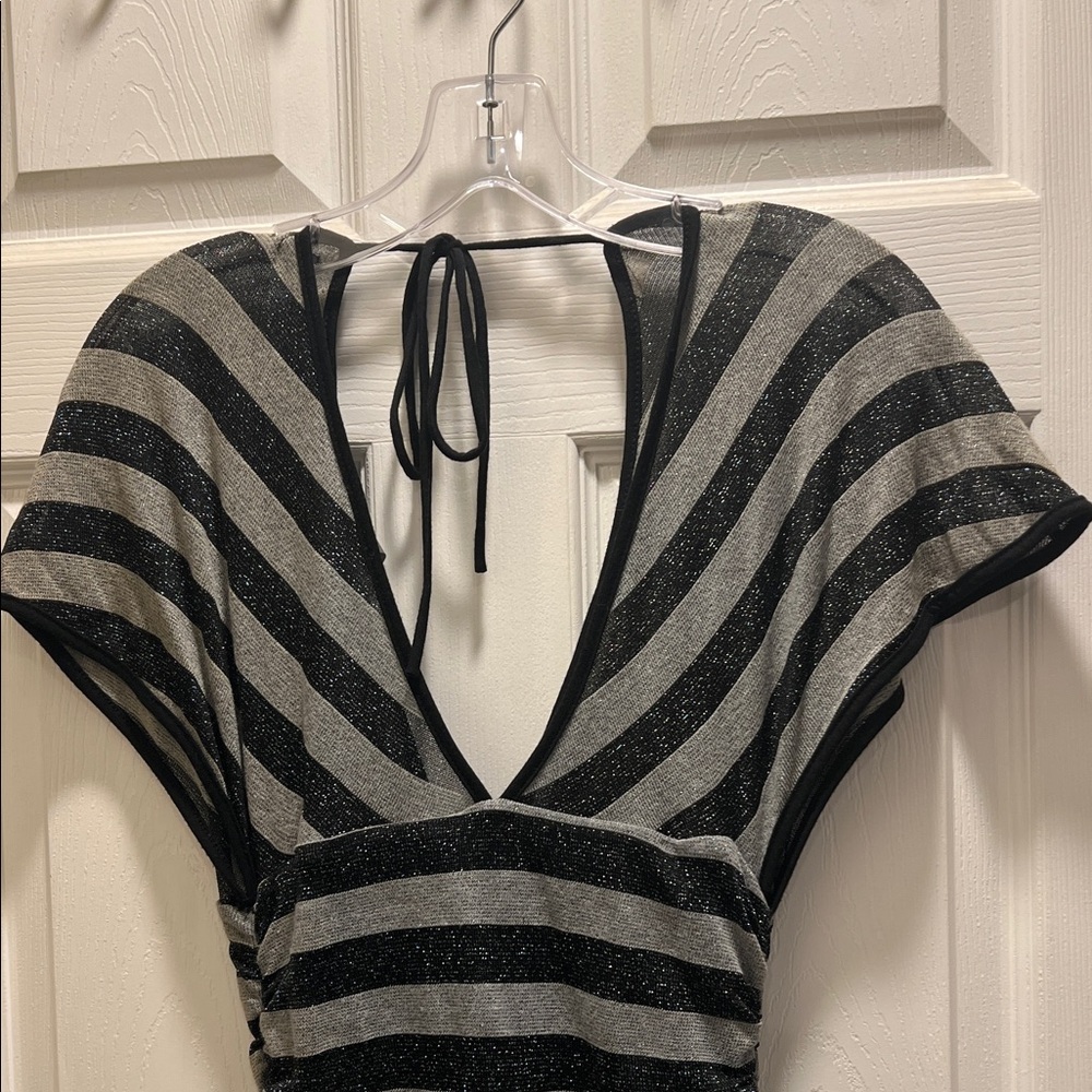 Vintage Striped V-Neck Ruched Midi Dress - Black and Gray Sparkle - Picture 2 of 8
